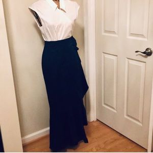 Wrap maxi dress with ruffle side white top and navy blue ruffle bottom